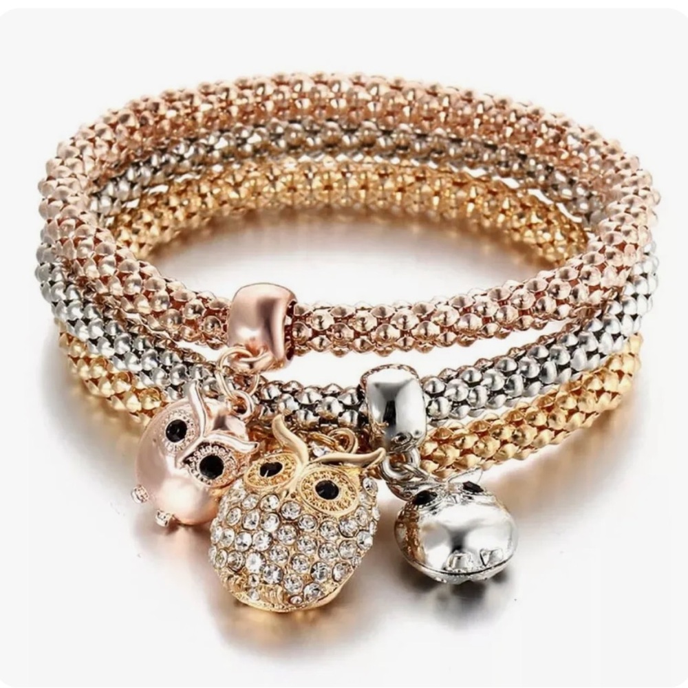 Blingy Rhinestone Stretch Owl Charm Bracelet Trio